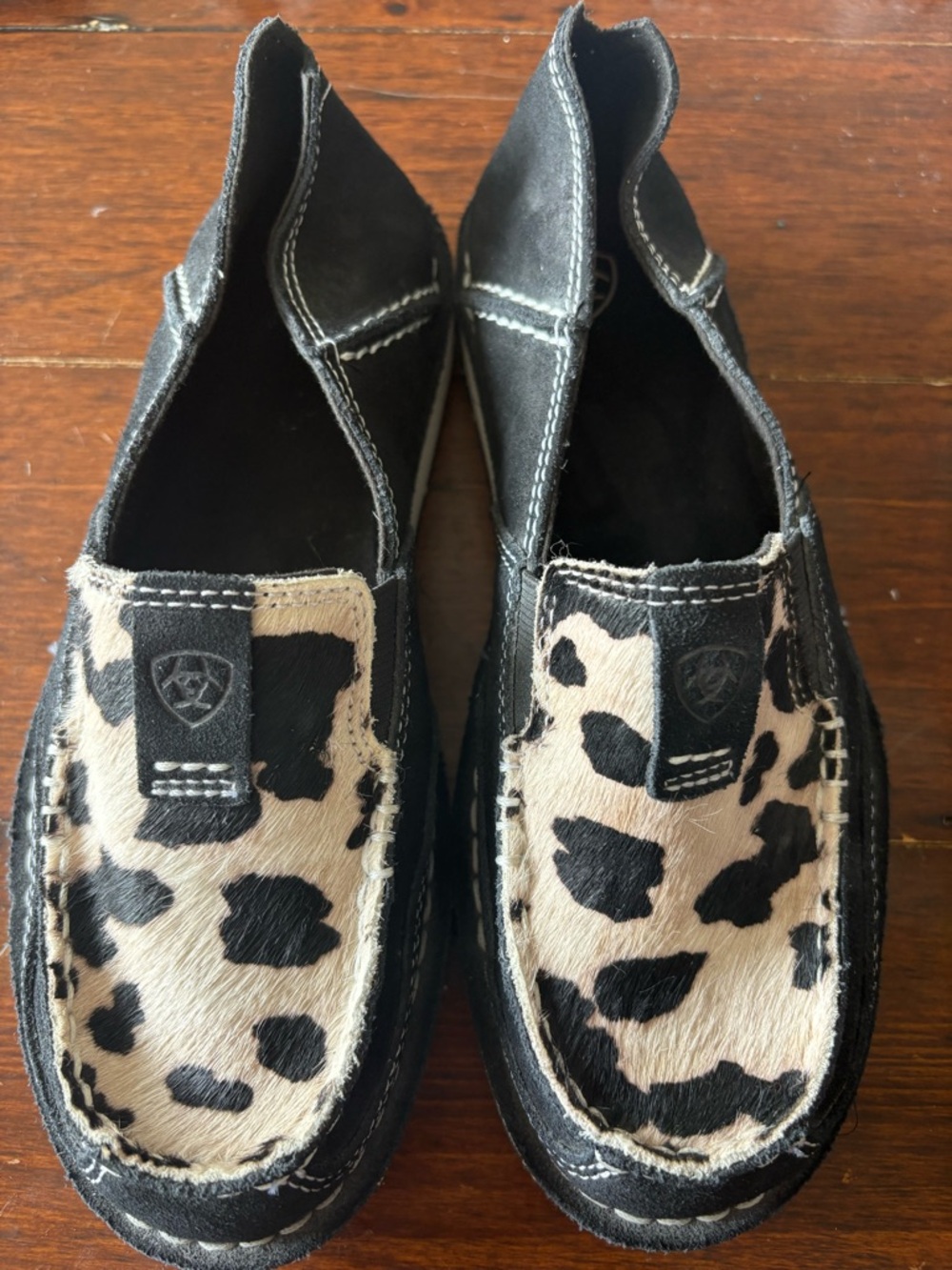 Ariat Black and Cream Cowhide Slip-On Loafers with Spot Print